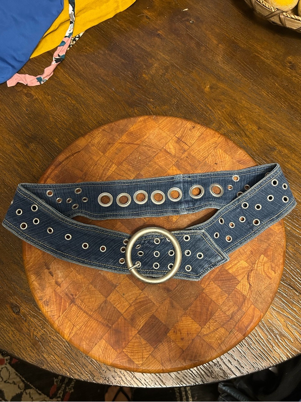 Denim Eyelet Belt with Round Silver Buckle - Blue